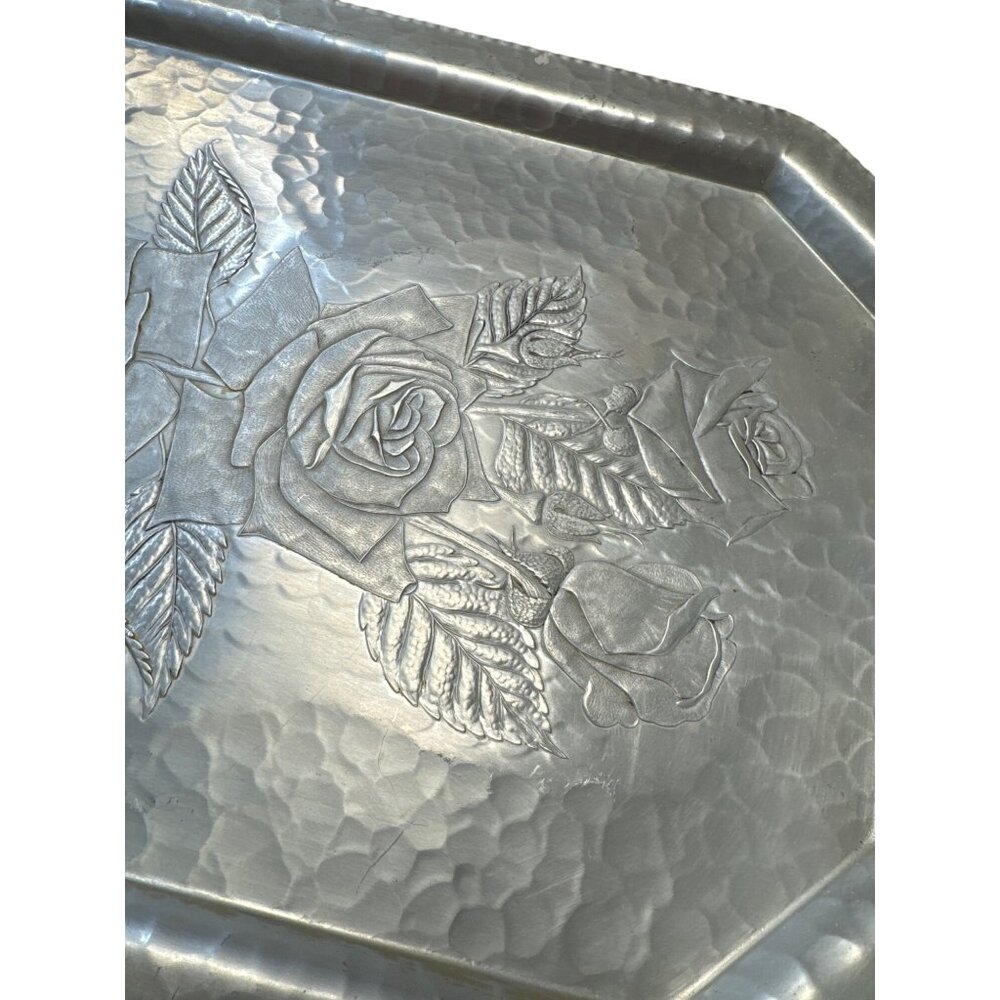 Trade Continental Rose floral hand wrought 855 silver look tray SKU 3712 - Picture 6 of 9